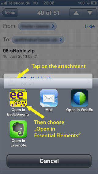 Open the email attachment in Essential Elements app